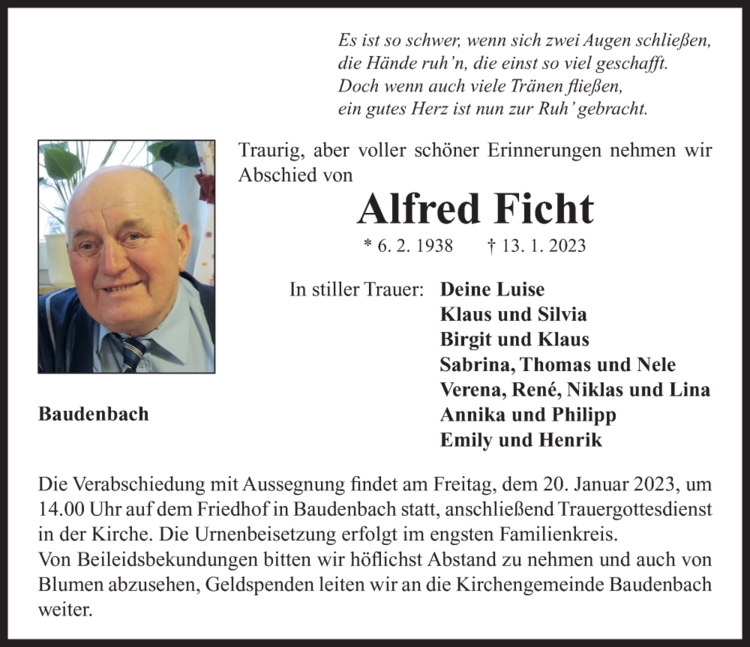 Traueranzeige Alfred Ficht