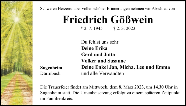 Traueranzeige Friedrich Gößwein