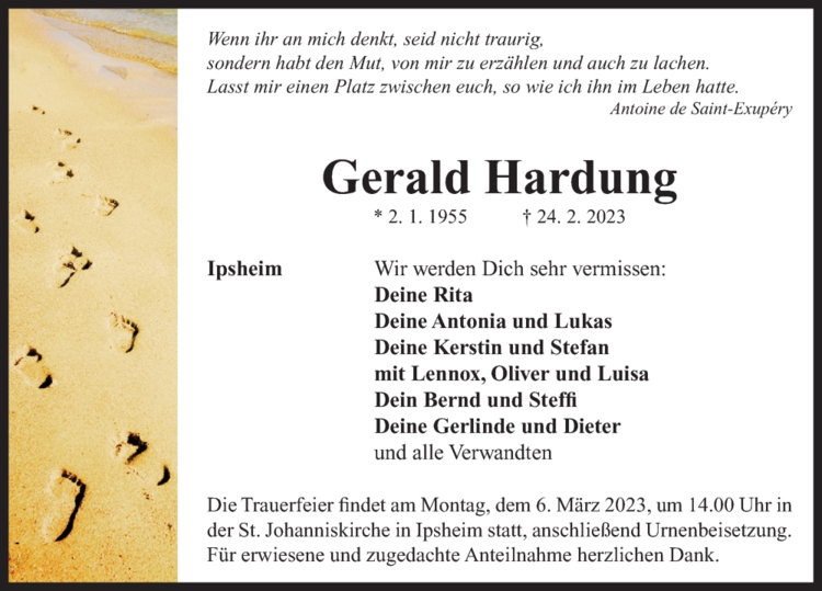 Traueranzeige Gerald Hardung