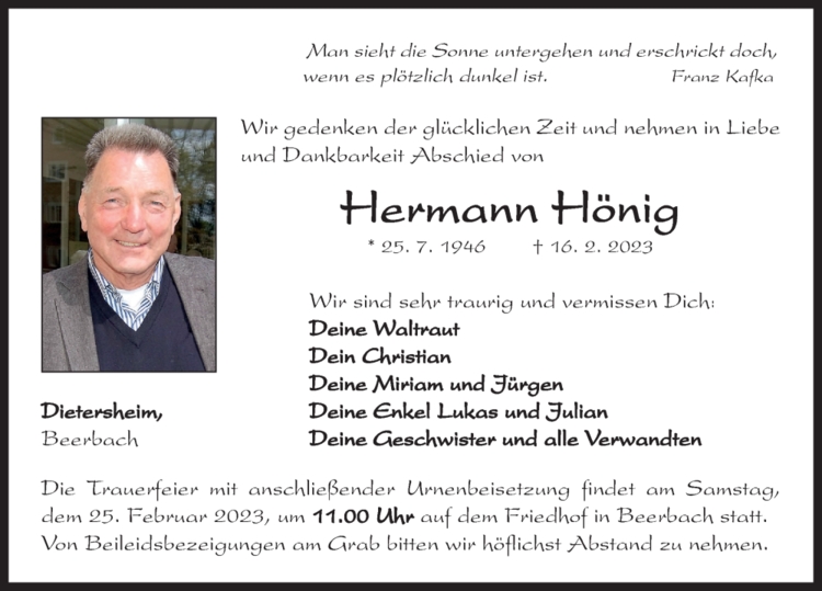 Traueranzeige Hermann Hönig