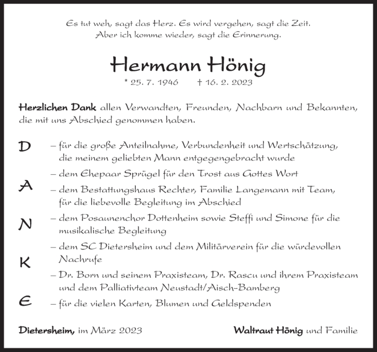 Danksagung Hermann Hönig