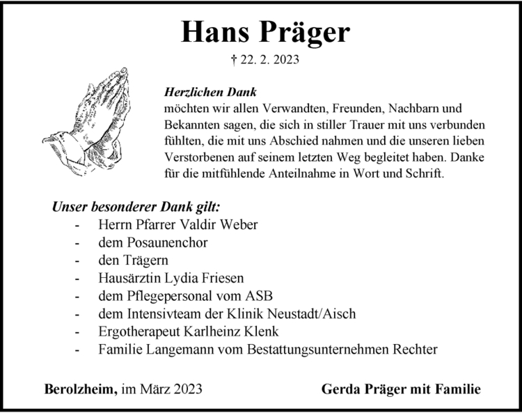 Danksagung Hans Präger