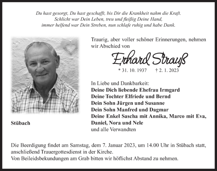 Traueranzeige Erhard Strauß