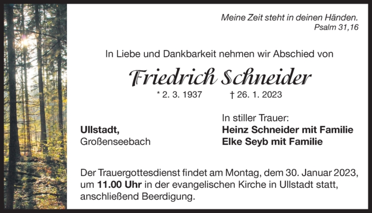 Traueranzeige Friedrich Schneider
