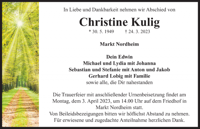Traueranzeige Christine Kulig