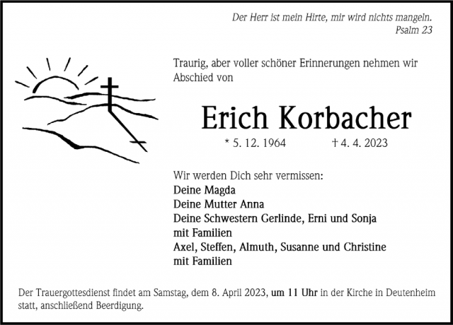 Traueranzeige Erich Korbacher
