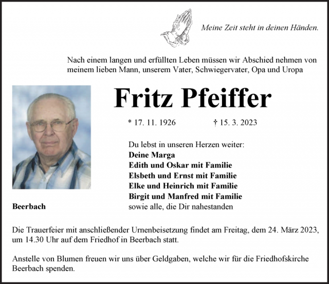 Fritz PFeiffer Traueranzeige