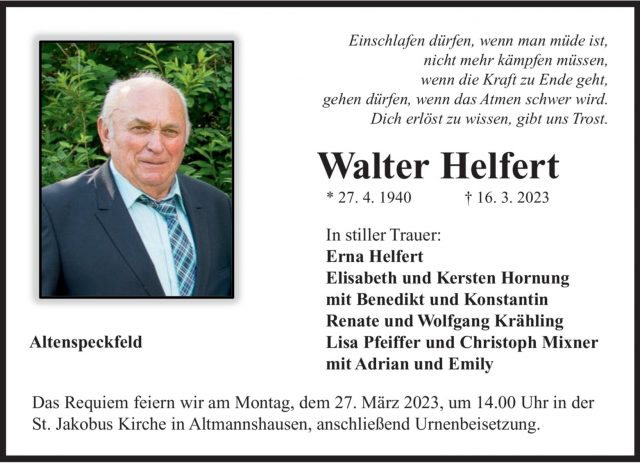Traueranzeige Walter Helfert