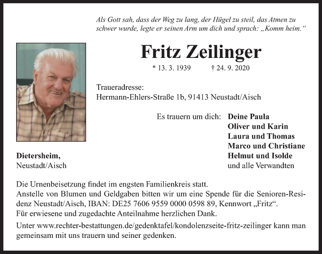 Traueranzeige Fritz Zeilinger