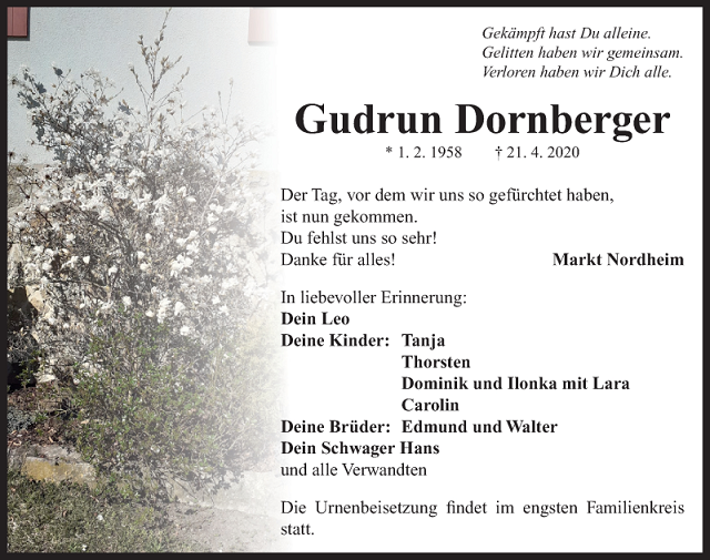 Traueranzeige Gudrun Dornberger