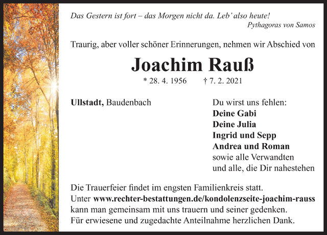 Traueranzeige Joachim Rauß