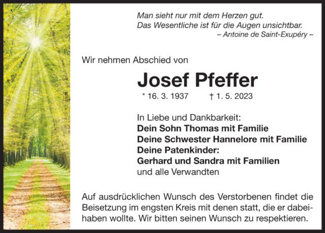 Traueranzeige Josef Pfeffer