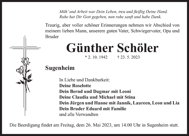 Traueranzeige Günther Schöler