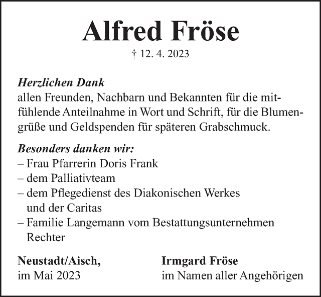 Danksagung Alfred Fröse