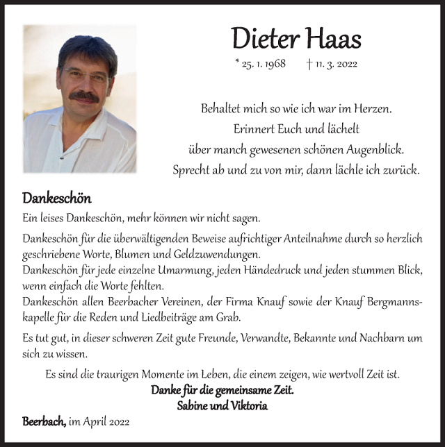 Danksagung Dieter Haas