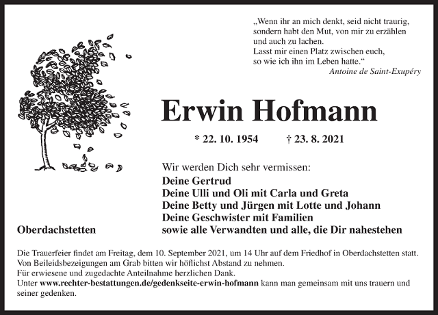 Traueranzeige Erwin Hofmann
