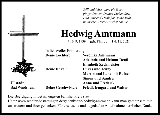 Traueranzeige Hedwig Amtmann