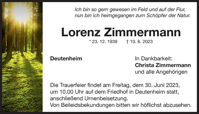 Traueranzeige Lorenz Zimmermann
