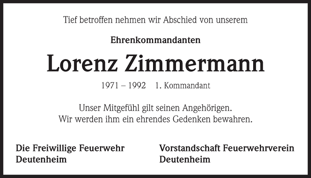 Nachruf Feuerwehr Lorenz Zimmermann