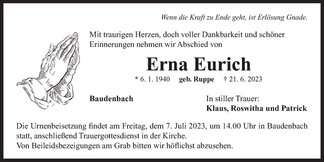 Traueranezeige Erna Eurich