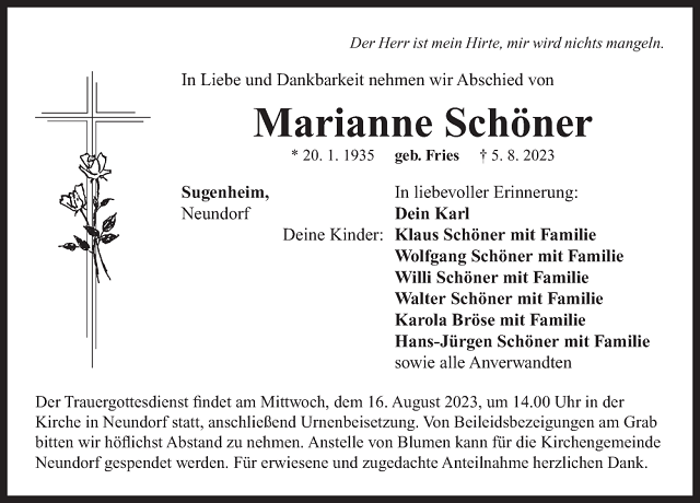 Traueranzeige Marianne Schöner
