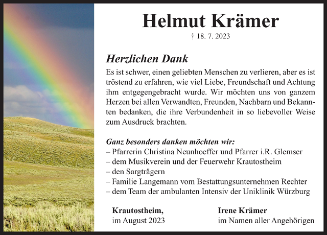 Danksagung Helmut Krämer