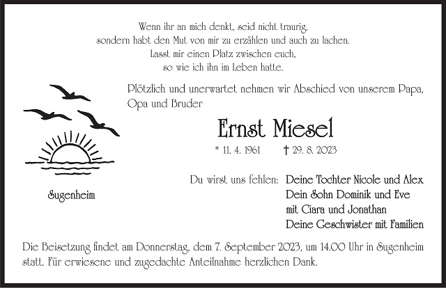 Traueranzeige Ernst Miesel