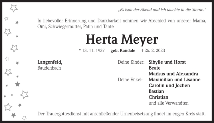 Traueranzeige Herta Meyer