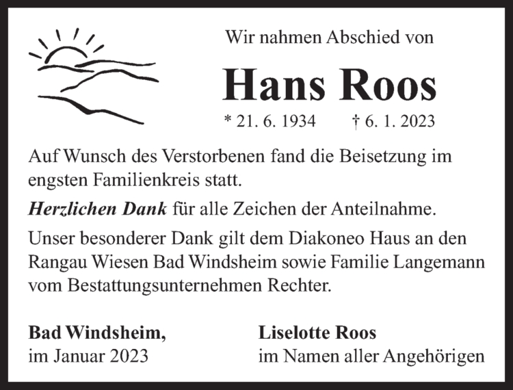 Traueranzeige Hans Roos