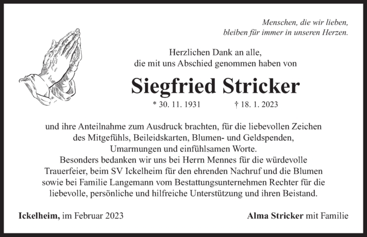 Danksagung Siegfried Stricker
