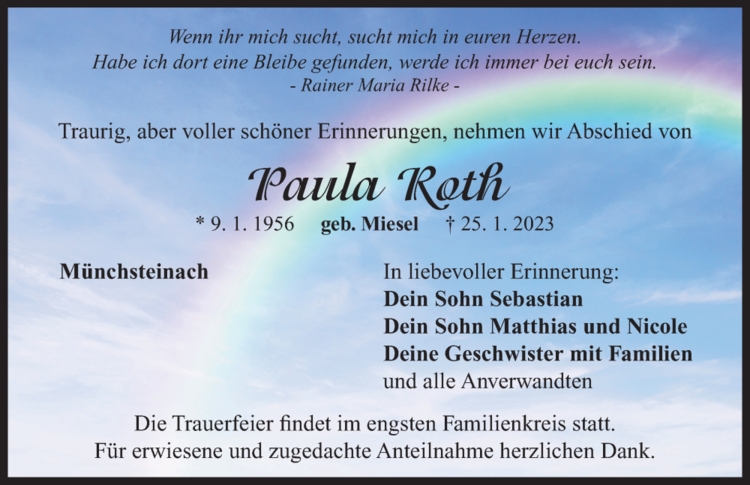 Traueranzeige Paula Roth