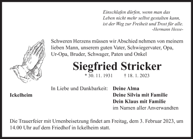 Traueranzeige Siegfried Stricker