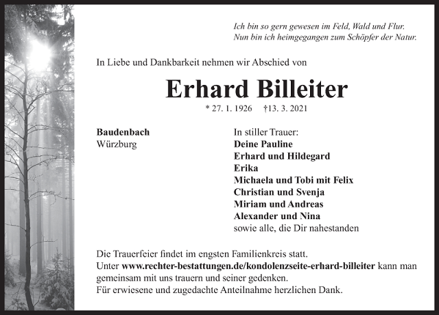 Traueranzeige Erhard Billeiter