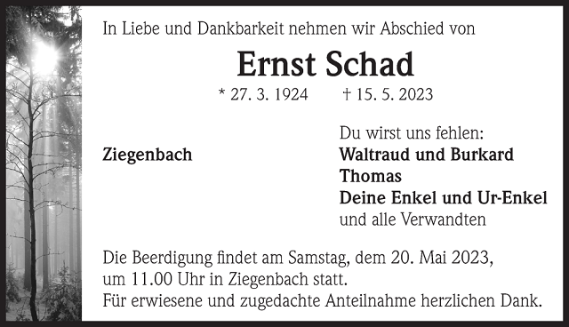 Traueranzeige Ernct Schad