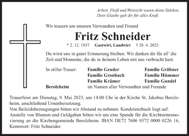 Traueranzeige Fritz Schneider