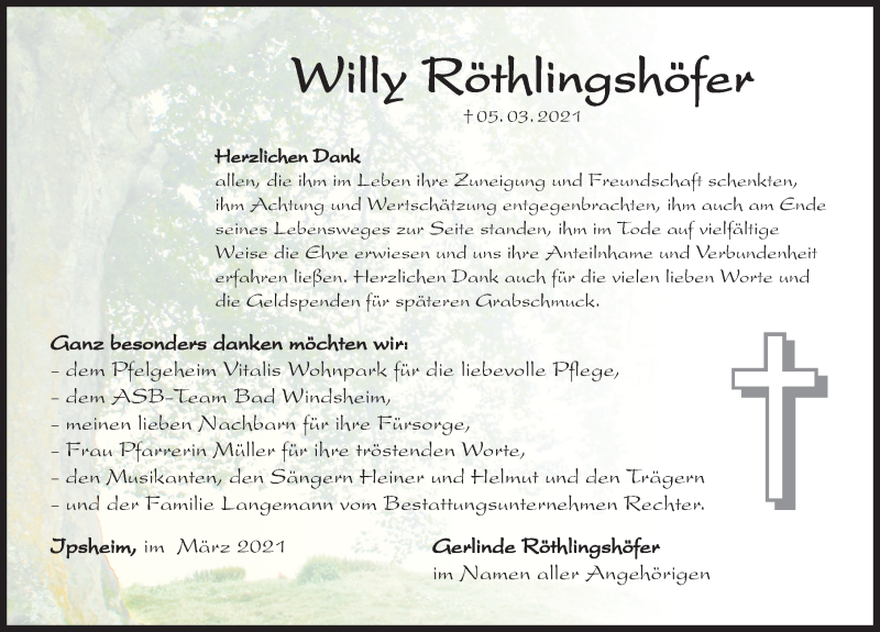 Danksagung Willy Röthlingshöfer