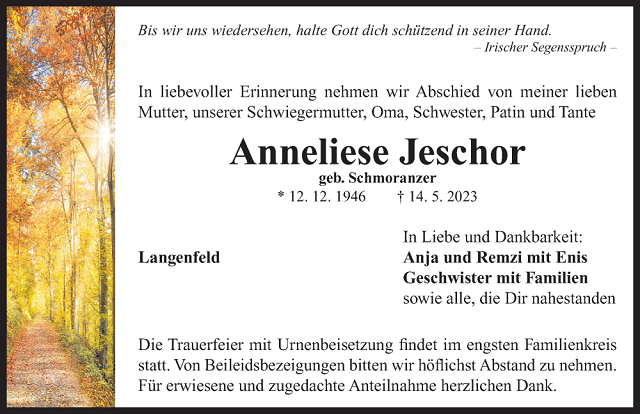 Traueranzeige Anneliese Jeschor