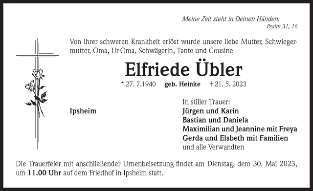 Traueranzeige Elfriede Übler