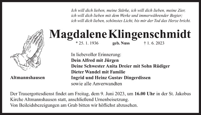 Traueranzeige Magdalene Klingenschmidt