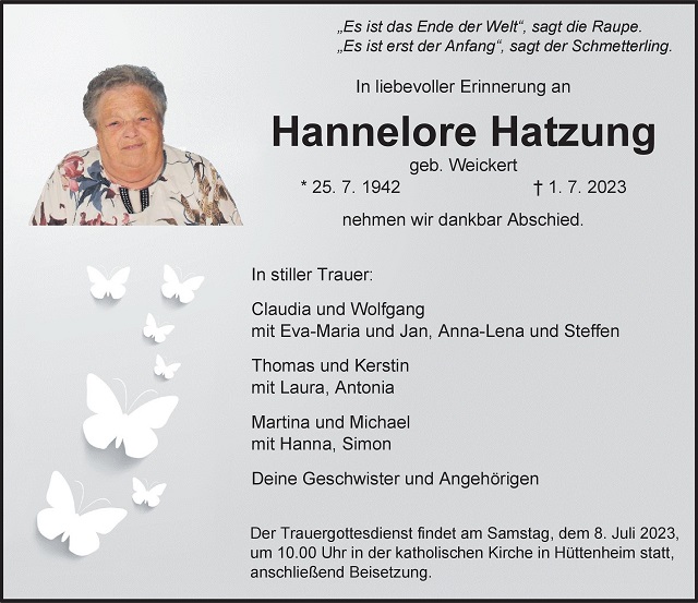 Traueranzeige Hannelore Hatzung