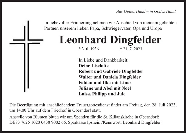 Traueranzeige Leonhard Dingfelder