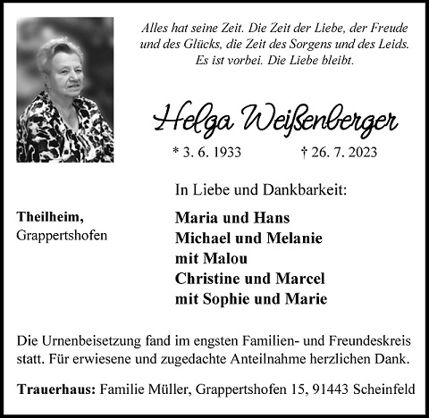 Traueranzeige Helga Weißenberger