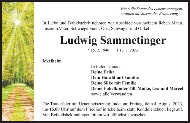 Traueranzeige Ludwig Sammetinger