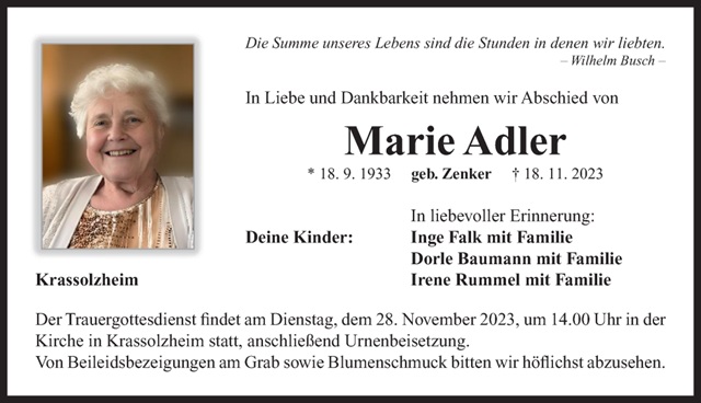 Marie Adler Traueranzeige
