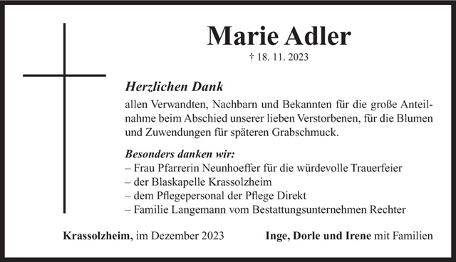 Marie Adler Danksagung