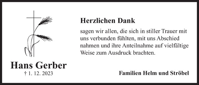 Hans Gerber Danksagungsanzeige