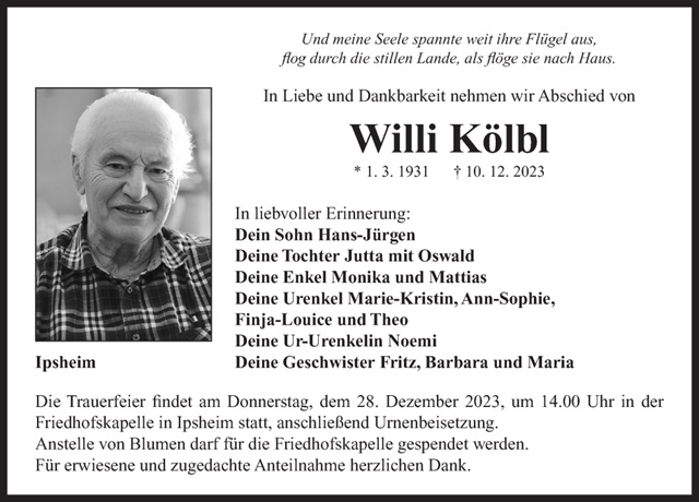 Willi Kölbl Traueranzeige