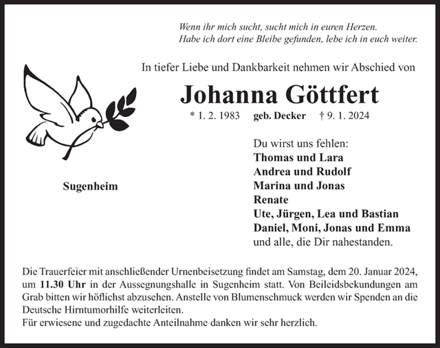 Johanna Göttfert Trauernazeigen