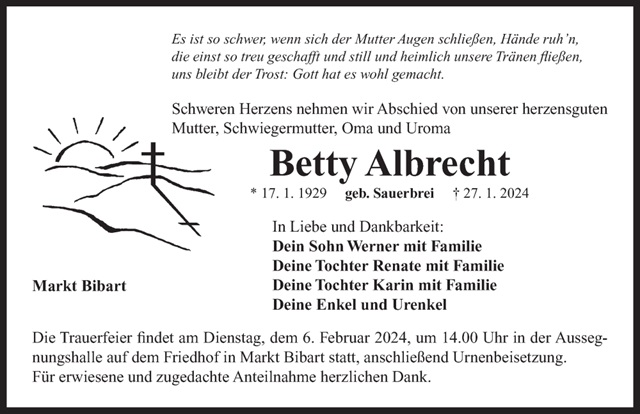 Betty Albrecht Taueranzeige