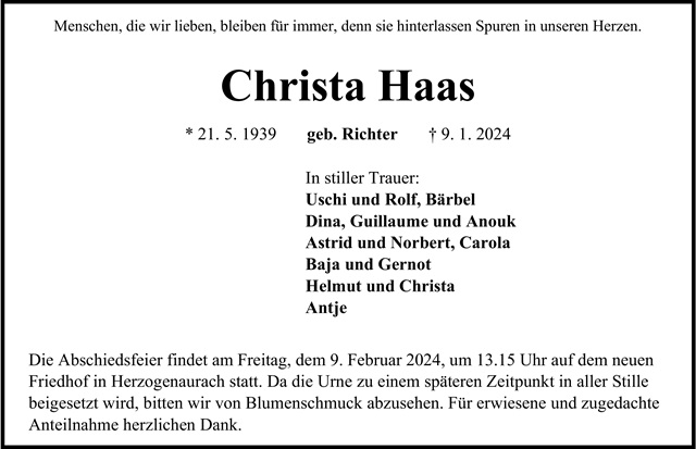 Christa Haas Traueranzeige